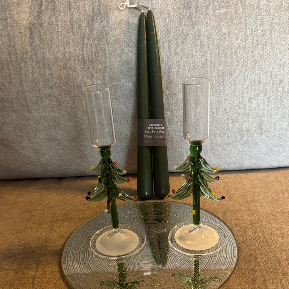 World Market Green Christmas Tree Candle Holders with Taper Candles